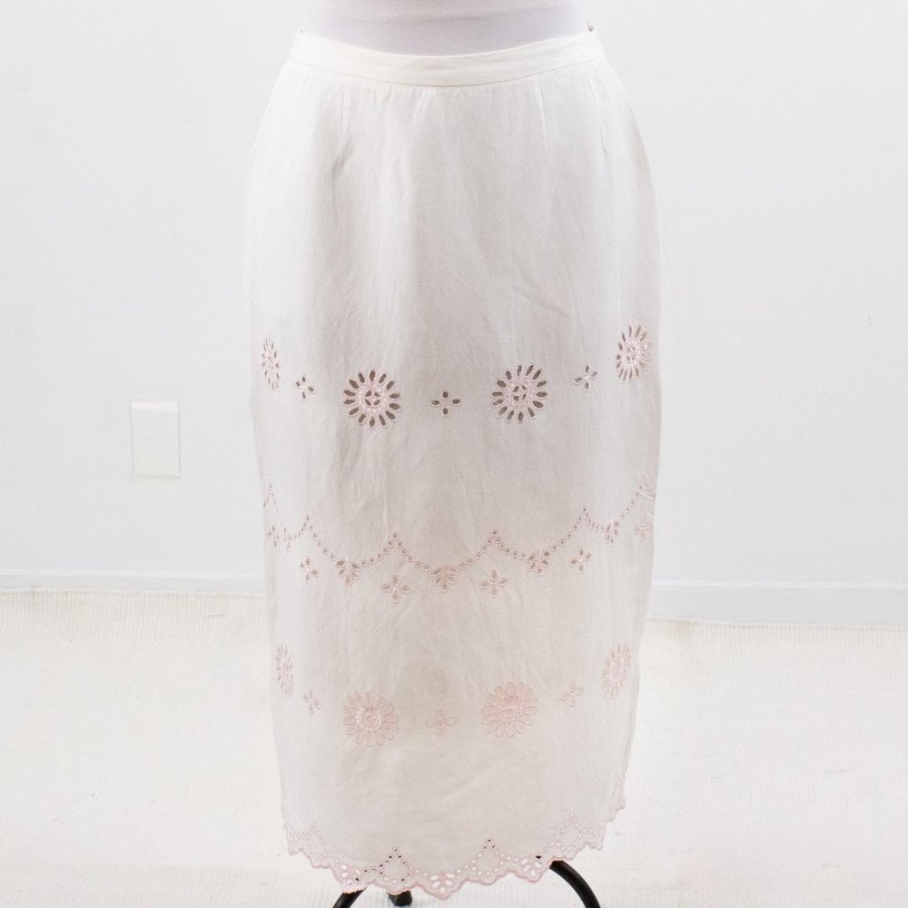 Vintage Boho Eyelet Skirt 12 Linen Pencil Midi White